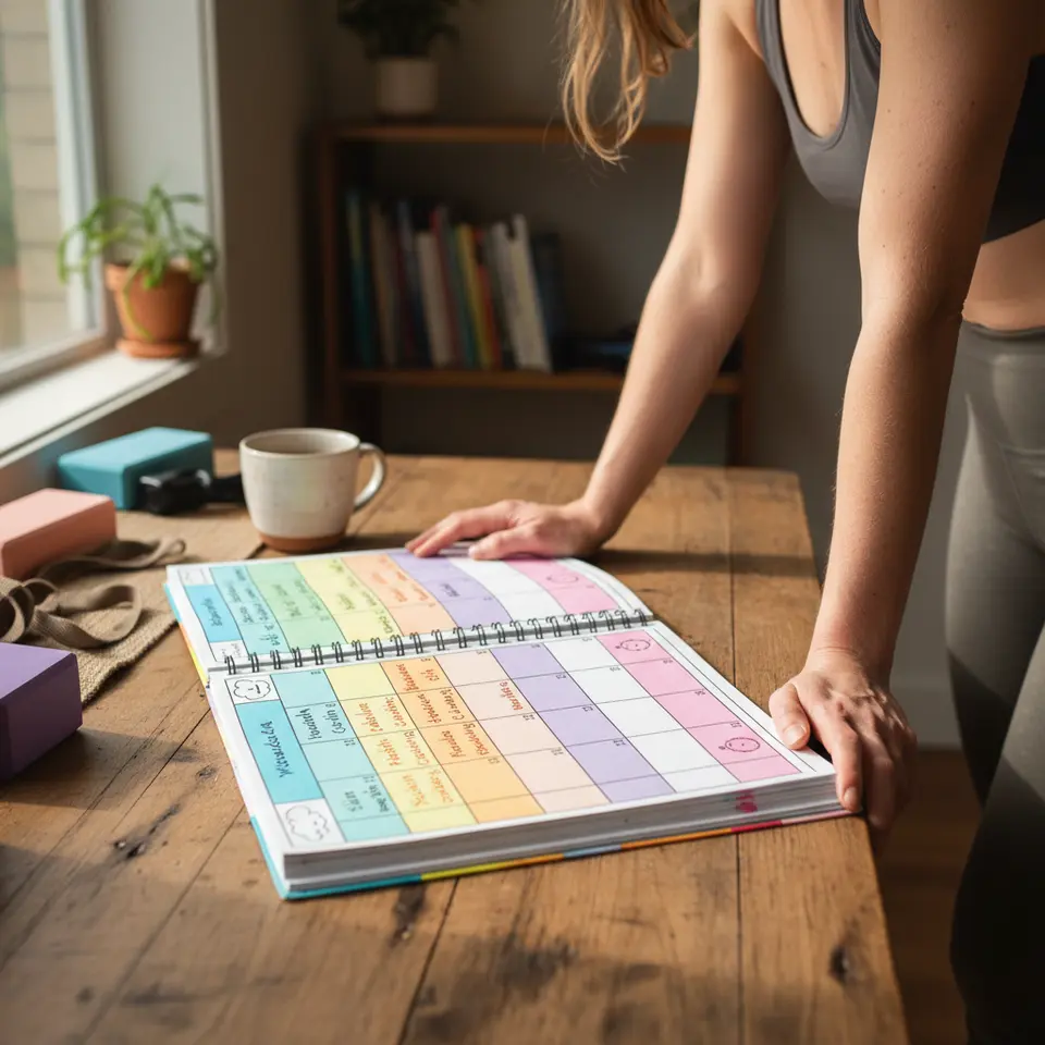 A vibrant weekly yoga planner spread: a calendar grid with color-coded time slots labeled ‘Monday Vinyasa Flow (30 min)’, ‘Tuesday Yin Restorative (20 min)’, ‘Wednesday Ashtanga Strength (45 min)’, ‘Thursday Pranayama & Meditation (15 min)’, ‘Friday Hatha Alignment’, ‘Weekend Outdoor/Community Class’, and ‘Sunday Yin Wind-Down’, plus small icons for buffer days and micro-sessions.