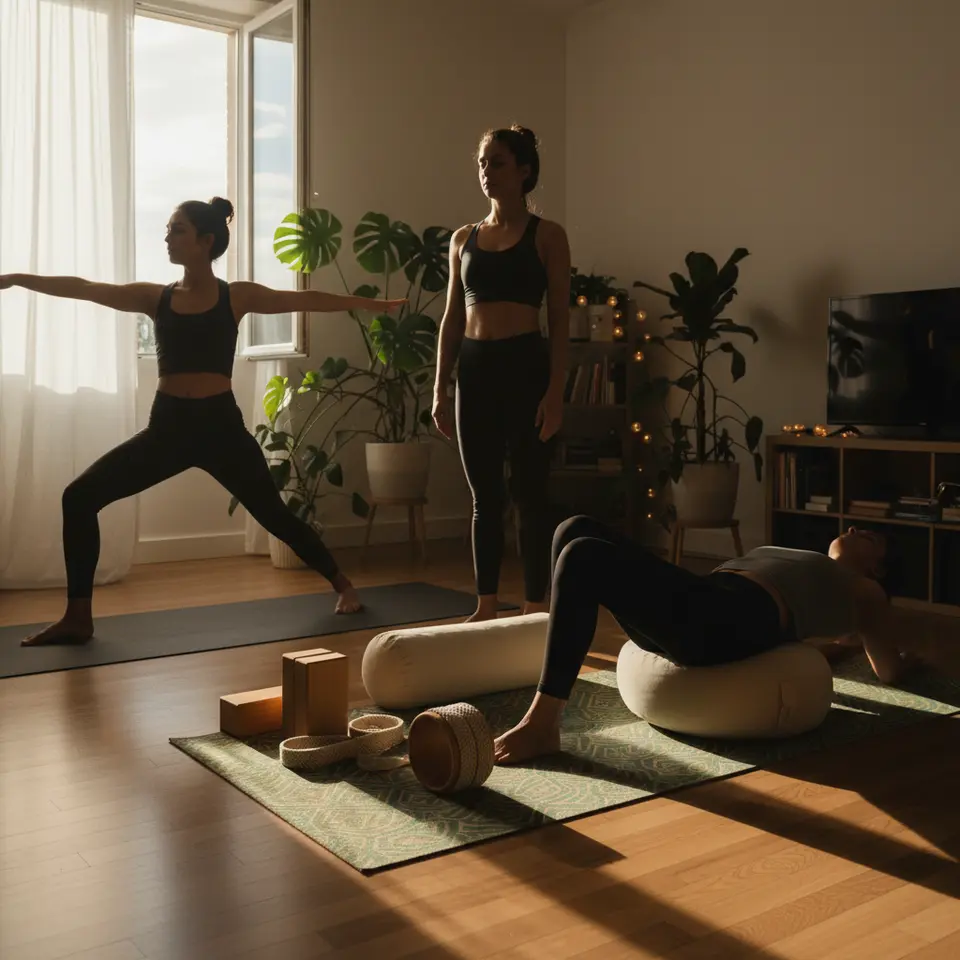 A serene home yoga setup showcasing multiple styles and props: three silhouettes performing Power/Vinyasa flow, Hatha alignment, and Yin long-hold poses; eco-friendly mat on a wooden floor; neatly arranged blocks, straps, bolster, yoga wheel; soft natural light, indoor plants, subtle mood lighting, and a gently open window for fresh air.
