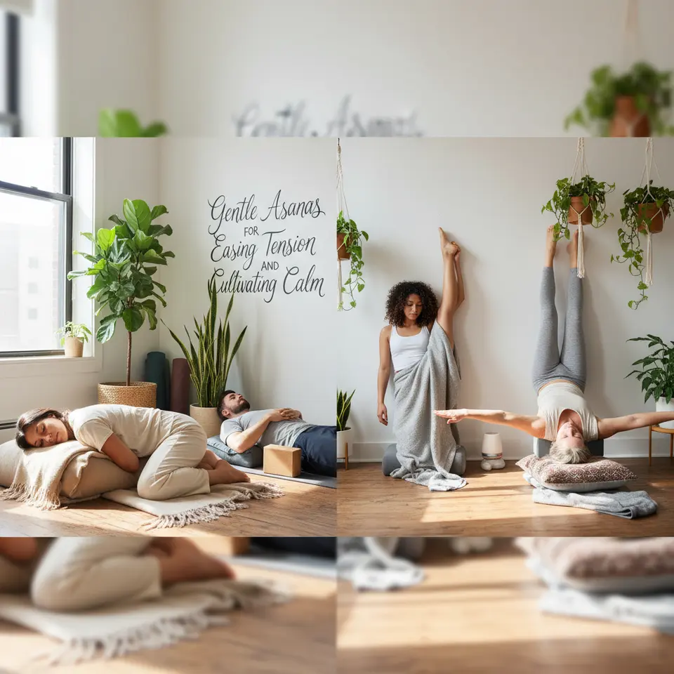 Gentle Asanas for Easing Tension and Cultivating Calm – a soft-lit studio collage showcasing four restorative poses: Supported Child’s Pose with a bolster and blanket, Reclining Bound Angle Pose on blocks, Legs-Up-the-Wall with a folded blanket under the hips, and Supported Fish Pose on a yoga block, all surrounded by calming plants and pillows.