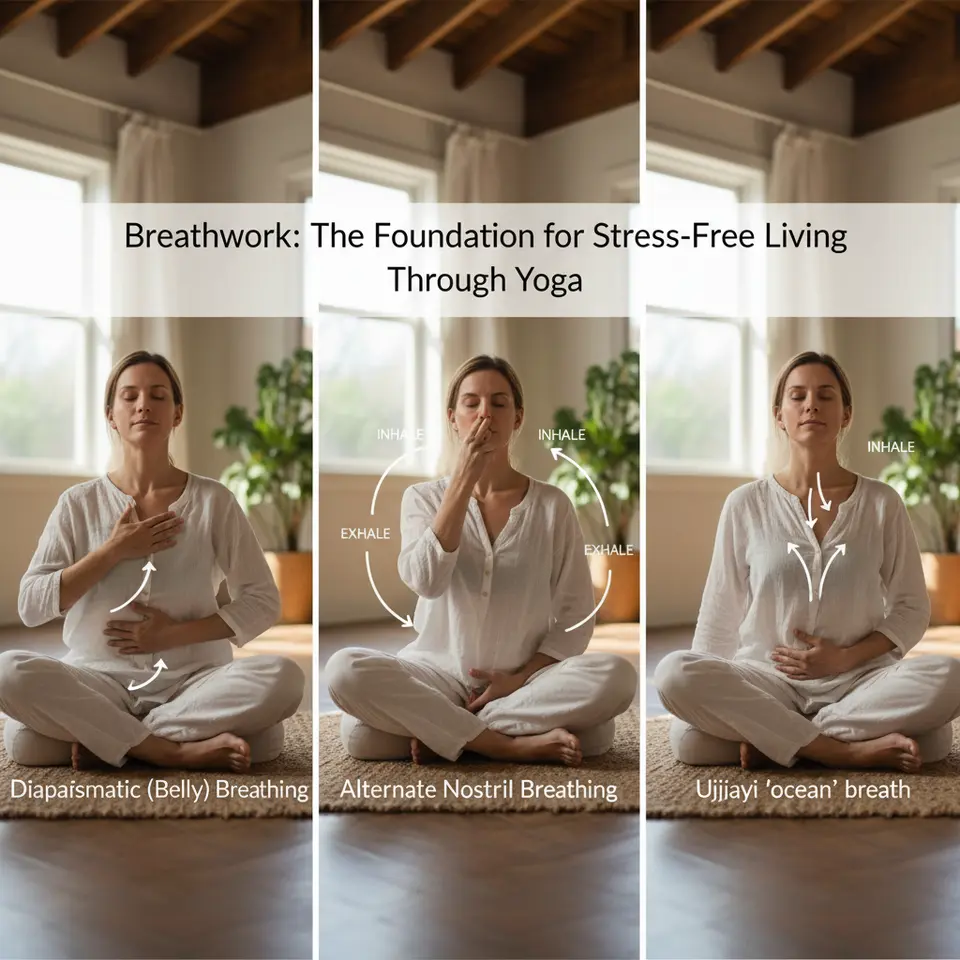Breathwork: The Foundation for Stress-Free Living Through Yoga – a serene indoor scene of a seated yogi demonstrating three pranayama techniques: diaphragmatic (belly) breathing with one hand on chest and one on abdomen, alternate nostril breathing using the fingers, and Ujjayi ‘ocean’ breath with a gentle throat constriction, with subtle arrows indicating inhale and exhale flows.