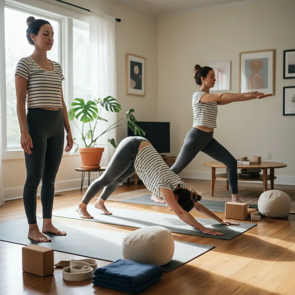 A serene home yoga setup featuring essential equipment—a non-slip mat, yoga blocks, straps, bolsters, and a folded blanket—arranged neatly; a practitioner moving through foundational poses like Mountain Pose (Tadasana), Downward Facing Dog (Adho Mukha Svanasana), Child’s Pose (Balasana), Warrior I, and Warrior II under soft morning light, emphasizing alignment and breath awareness