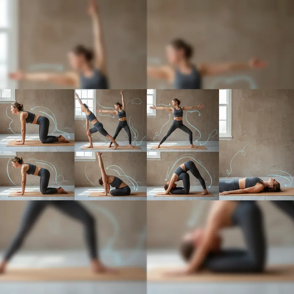Balanced holistic yoga asana sequence flow: an illustrated progression of Cat–Cow, Sun Salutations, Warrior I & II, Triangle Pose, Seated Forward Fold, Bridge or Wheel, Supine Twist, ending in Savasana—each posture linked by flowing breath lines on a calming studio backdrop.