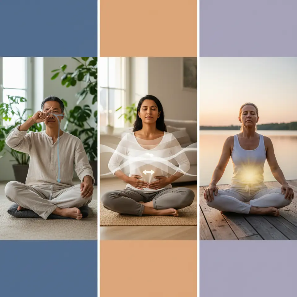 Pranayama breathwork techniques triptych: three panels depicting Dirga three-part breath with expanding abdomen, ribcage, chest layers; Nadi Shodhana alternate nostril breathing with hand gesture highlighted; and Kapalabhati skull-shining rapid exhalations—set against a serene gradient to emphasize rhythmic energy.
