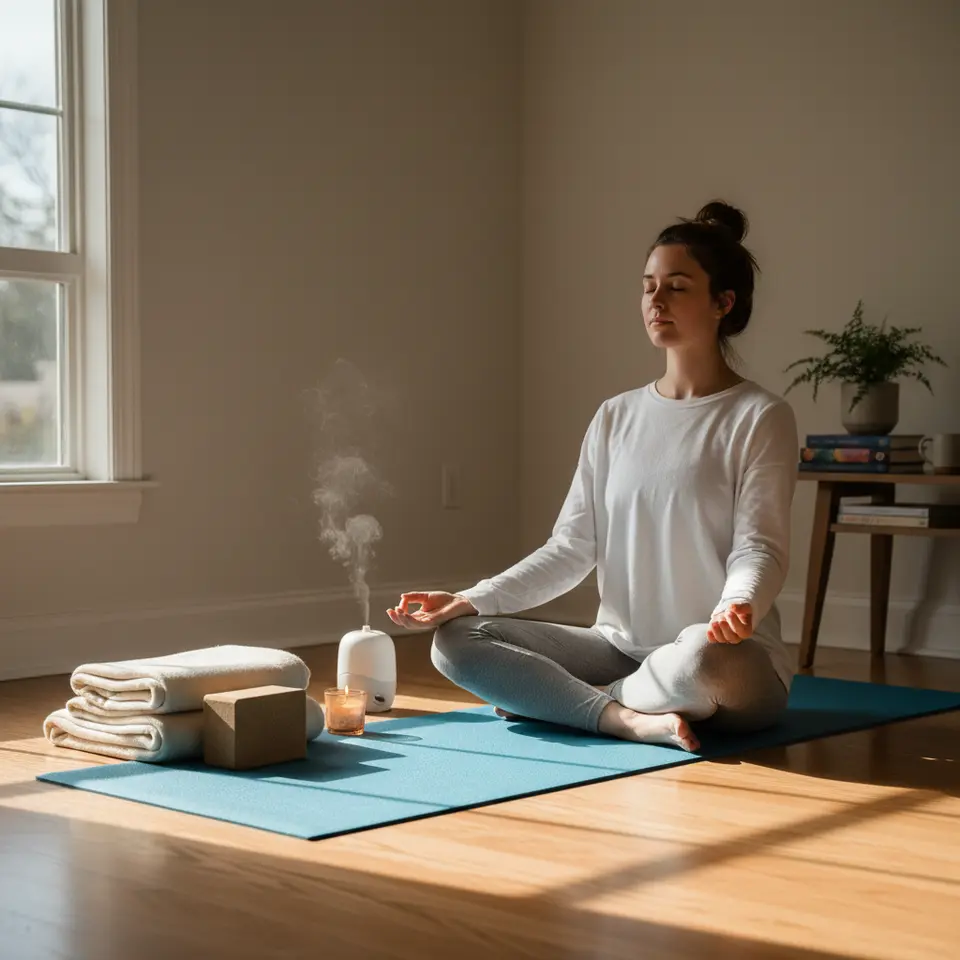 Designing Your Practice Space: A peaceful home yoga nook featuring a clean mat on a hardwood floor, a folded blanket and yoga block neatly arranged, a softly flickering candle or essential-oil diffuser releasing gentle mist, and a quiet corner shielded from electronics—bathed in warm natural light to evoke a dedicated sanctuary for mindful practice.