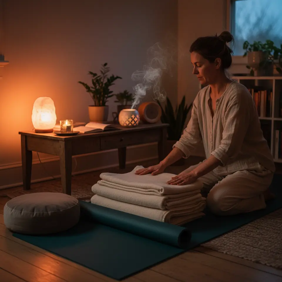 Setting Up an Evening Practice: a warm, dimly lit corner of a bedroom with a cushioned yoga mat, folded blankets and bolster, a lit candle or salt lamp casting soft amber light, a small pillow nearby, an essential-oil diffuser releasing wispy vapor, and a gentle nature-sound speaker in the background.