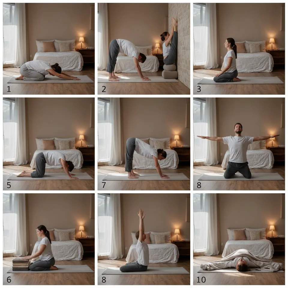 Ten Gentle Bedtime Yoga Poses Collage: a peaceful sequence on a padded mat showing (1) Child’s Pose with arms extended, (2) Cat–Cow spinal arch and round flow, (3) Legs-Up-the-Wall inversion supported by a bolster, (4) Reclined Bound Angle with blocks under knees, (5) Supine Twist with arms in a T-shape, (6) Supported Butterfly on stacked blankets, (7) Happy Baby drawing knees to armpits, (8) Bridge Pose lifting hips, (9) Supported Fish resting on a bolster, and (10) Savasana with arms and legs relaxed, palms up.